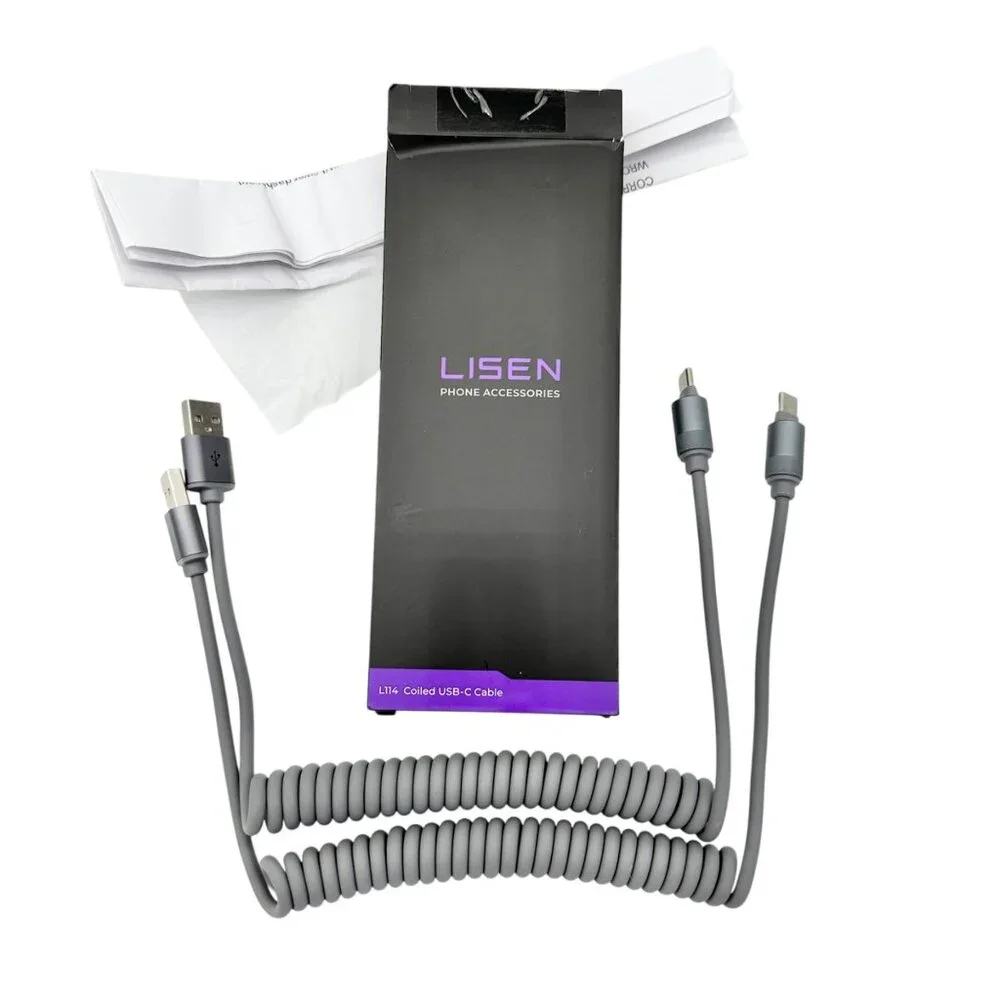 Lisen L114 USA-A - USB-C Coiled Charging Cable For Vehicle Connector Grey 2 pack